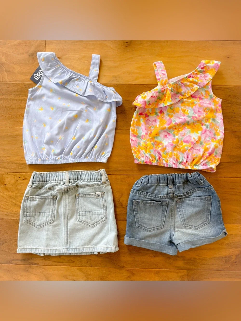 Two Girls Outfits; 2 Asymmetrical Tops, 1 Shorts, 1 Skirt, 3T, Great Condition!!